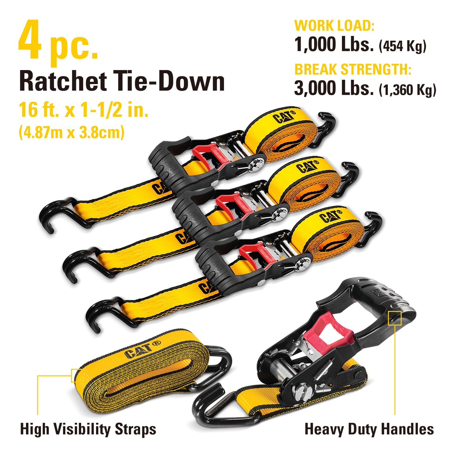 4 Piece 16 Ft. Heavy Duty Ratcheting Tie Down Straps - 1000 Lb.